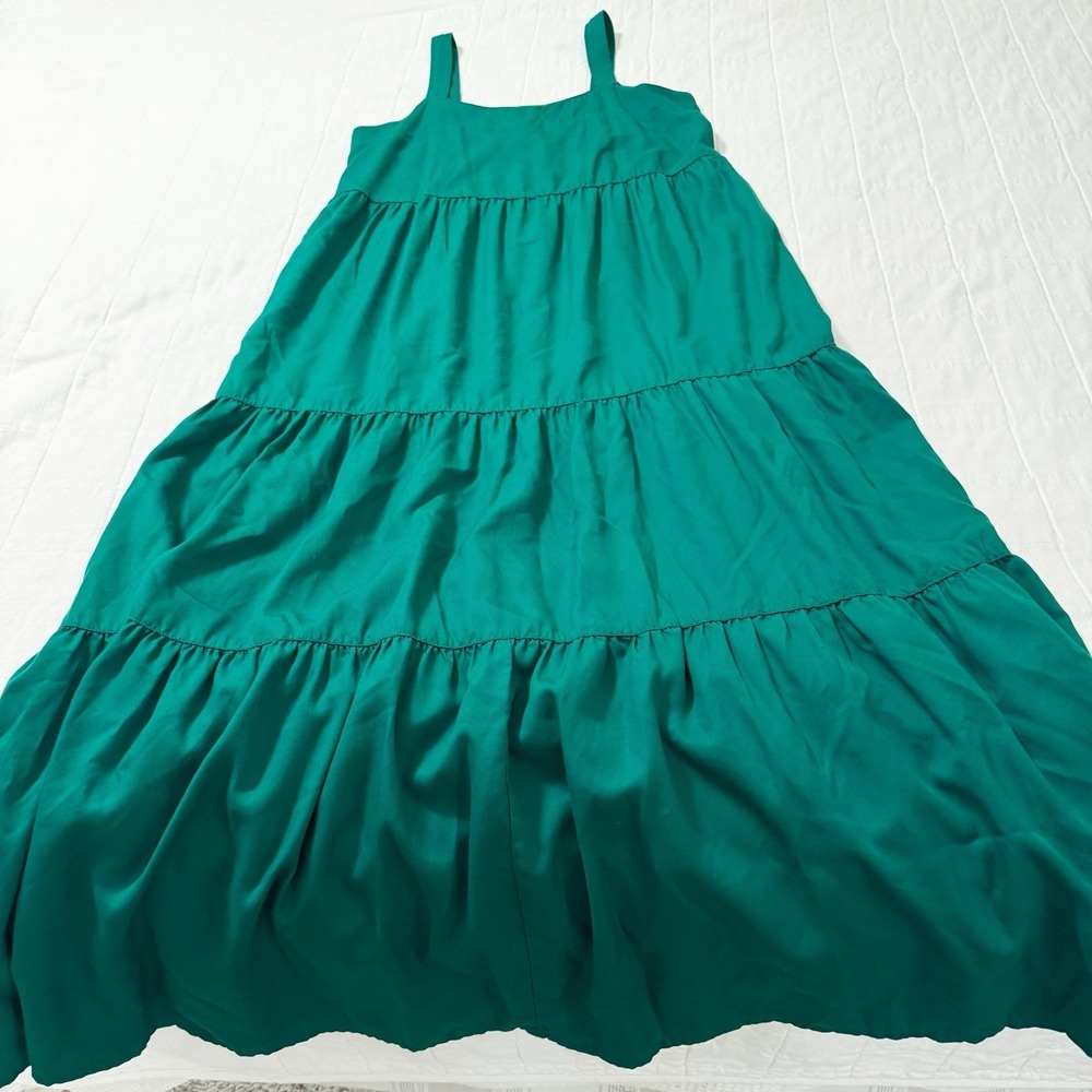 The Drop Britt Tiered Maxi Dress Women's XS Green Cinched Back Pockets‎